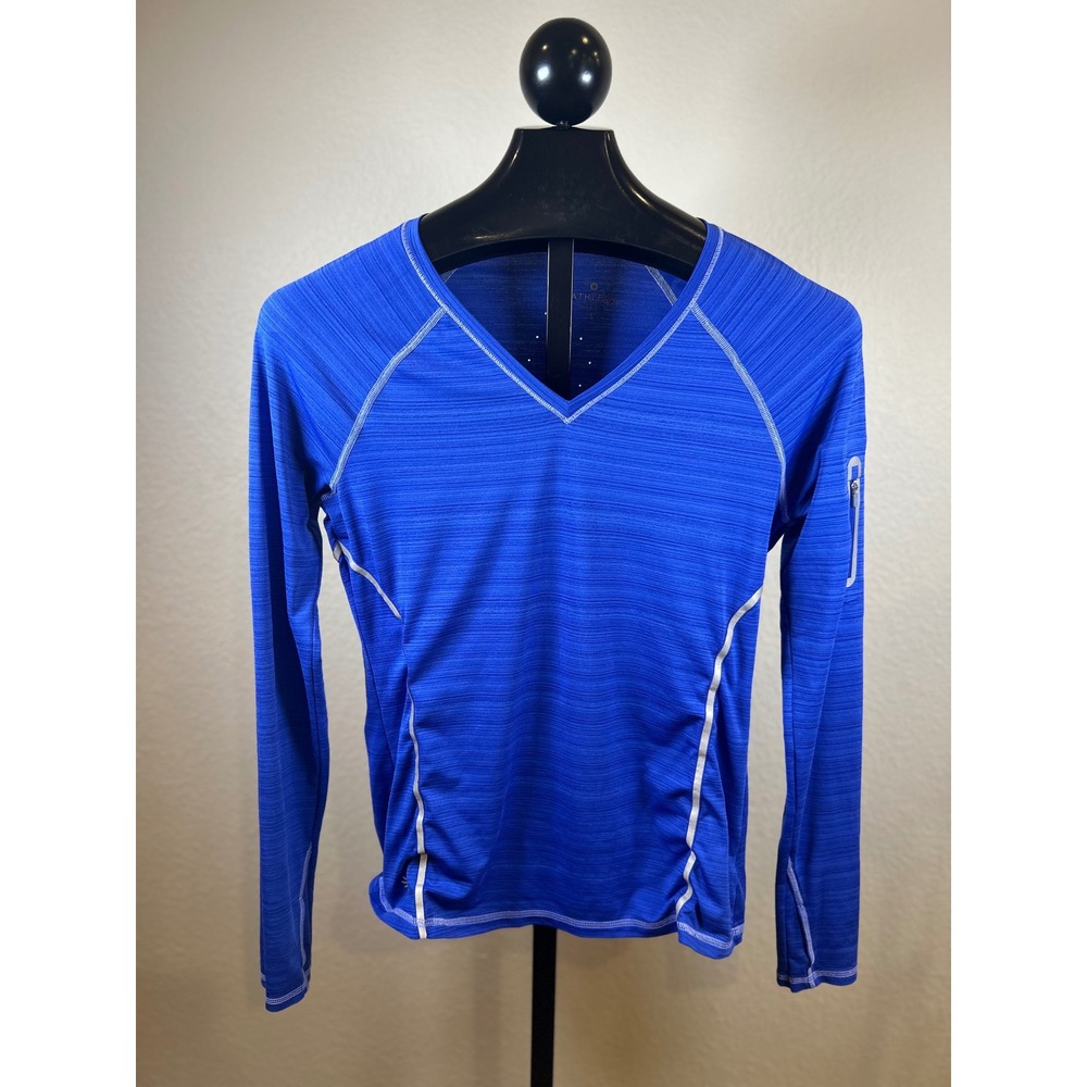 Athleta Womens Blue Space Dye Long Sleeve Running Top V-Neck Perforated Back S